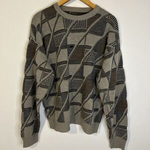 Vintage Jantzen Men's Geometric Knit Crew Brown And Gray Pullover Sweater Large
